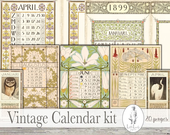 Vintage Calendar Kit, Art Nouveau Ephemera (Digital Download)