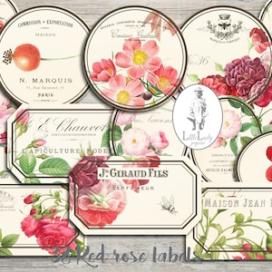 Franse roos junkdagboeketiketten digitale Franse etiketten afdrukbare etiketten rooslabel papier knutselen rode roos efemere label scrapbooking