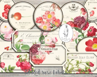 Ephemera-labels Franse rode roos voor junkjournal (digitale download)