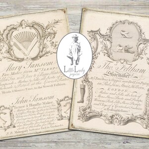 May include: Two vintage advertisements for businesses in London. The first ad is for Mary Sansom, a fan maker, and the second ad is for Tho Feltham, a shoemaker. Both ads feature ornate frames and illustrations.