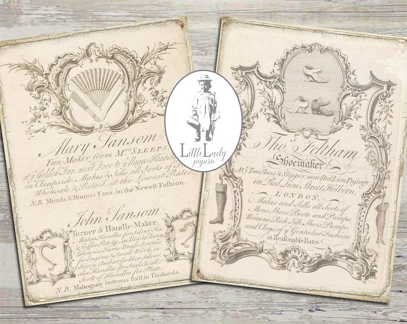 May include: Two vintage advertisements for businesses in London. The first ad is for Mary Sansom, a fan maker, and the second ad is for Tho Feltham, a shoemaker. Both ads feature ornate frames and illustrations.