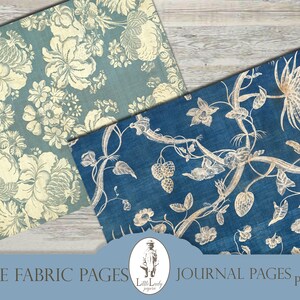 May include: Two digital paper sheets with a blue fabric background and white floral patterns. The text "BLUE FABRIC PAGES" and "JOURNAL PAGES 11 PAGES" is at the bottom of the image.