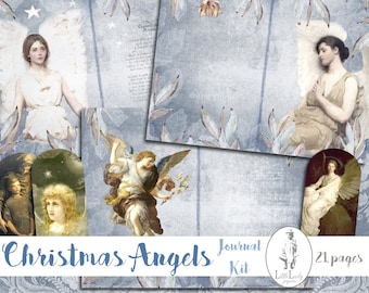 Peut inclure: Un kit de scrapbooking numérique comprenant 21 pages d'images sur le thème des anges de Noël. Le kit comprend des images d'anges avec des ailes, des étoiles et un fond bleu et blanc.