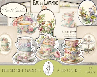 May include: A digital scrapbooking kit with 10 pages featuring vintage teacups, birds, flowers, and the text "Secret Garden" and "Eau de Lavande".