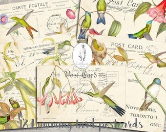 Postal junk journal digital postcard birds printable humming birds collage sheet postal scrapbooking postcard ephemera junk journal