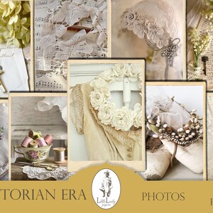 May include: A digital collage of 15 vintage-style images featuring lace, flowers, and other Victorian era details. The images are arranged in a grid pattern and include text that says "Victorian Era Photos 15 Pages".
