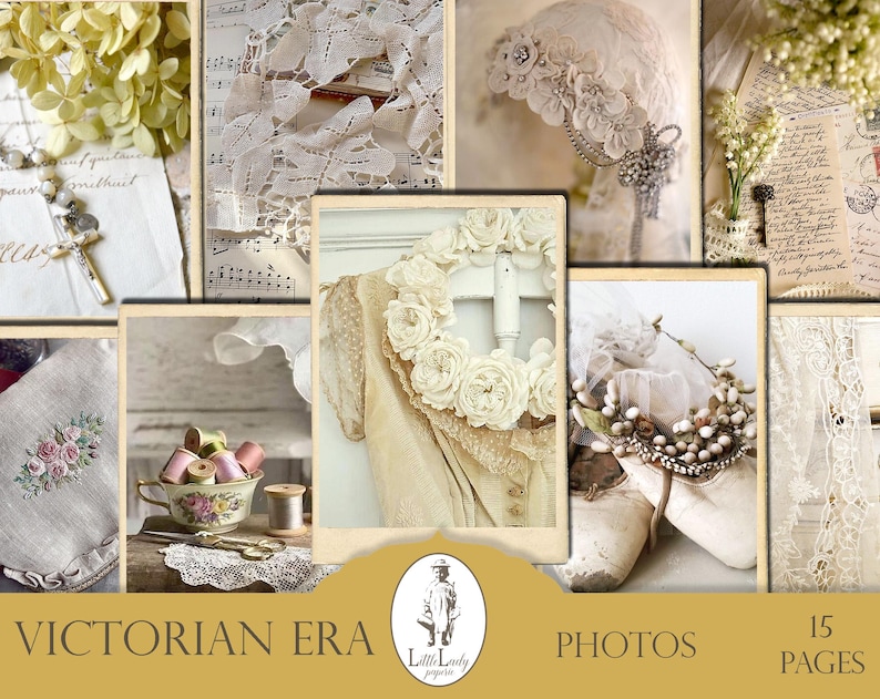 May include: A digital collage of 15 vintage-style images featuring lace, flowers, and other Victorian era details. The images are arranged in a grid pattern and include text that says "Victorian Era Photos 15 Pages".