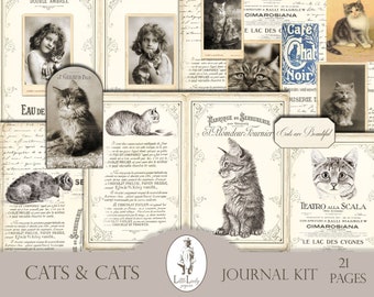 Puede incluir: Un kit de collage digital para scrapbooking o journaling con imágenes vintage de gatos. El kit incluye 21 páginas con imágenes de gatos, texto y elementos decorativos. El kit se titula "Cats & Cats Journal Kit 21 Pages".