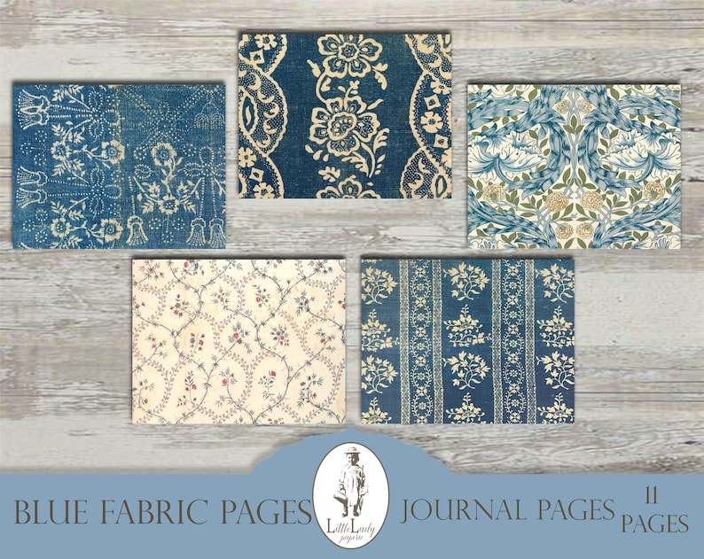 Blue Victorian Fabric Junk Journal Pages (Digital Download) image 6
