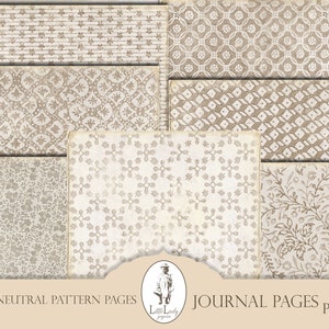 May include: A set of 16 digital printable journal pages featuring neutral patterns in beige and white. The patterns include stripes, floral designs, and geometric shapes. The text "BASIC NEUTRAL PATTERN PAGES" and "JOURNAL PAGES 16 PAGES" is included in the image.