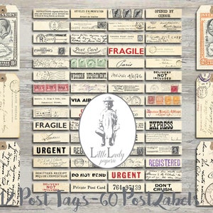 Etichette postali, etichette postali stampabili, mini etichette digitali, cartoline, francobolli, diario di posta spazzatura, foglio di collage postale, effimeri, scrapbooking, post