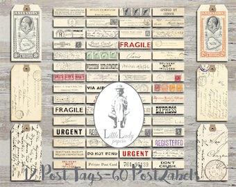 Postal labels printable postal tags digital mini labels postcard stamps junk journal postal collage sheet post ephemera scrapbooking post