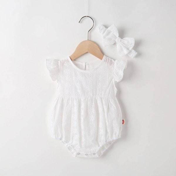White Cotton Romper Baby Dress with Headband Baby Outfit White Dress Outfit Set Newborn Outfit
