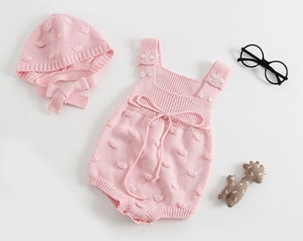 Ready to Ship - Knitted Handmade Bubbles Girls Romper Bodysuit Set with Hat Knit Baby Romper Pink Knit Romper Photo Pro Baby Overall