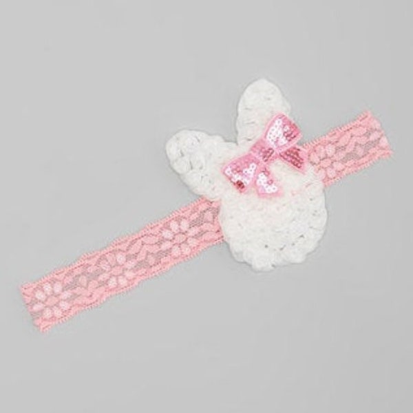 White and Pink Bunny Shabby Lace Headband, Easter Headband, Bunny Headband, Baby Headband, Toddler Headband, Flower Headband Shabby Headband