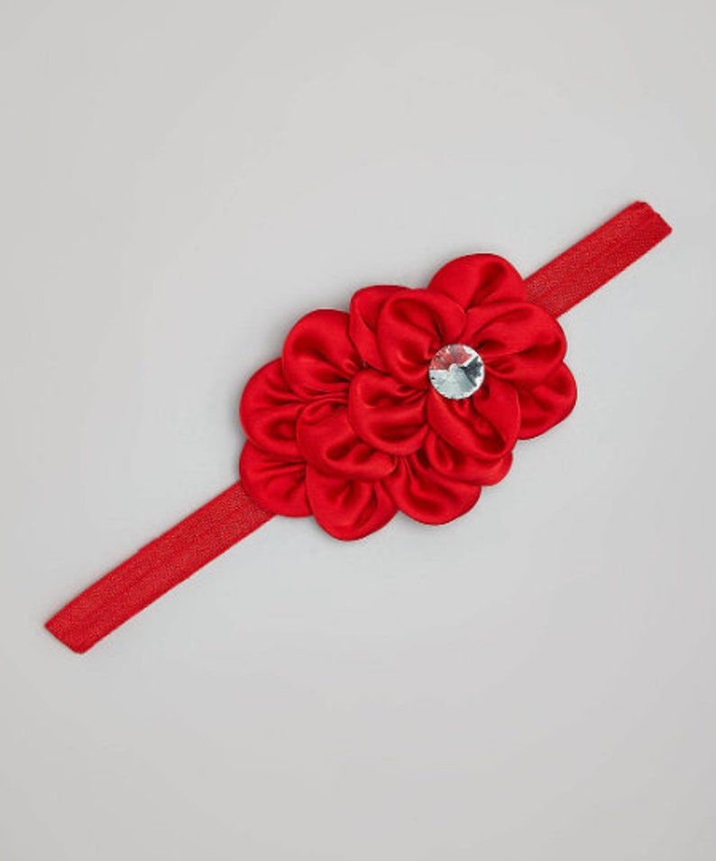Toddler headband Summer spring headband Satin Ruffle Rhinestone Flower Headband Baby Headband Red White Hot pink Cream headband