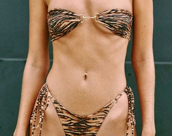 Tiger print two piece bikini set, Gold accents, side tie, bandeau top thong bottom swimwear, aesthetic bikini, retro boho swimsuit