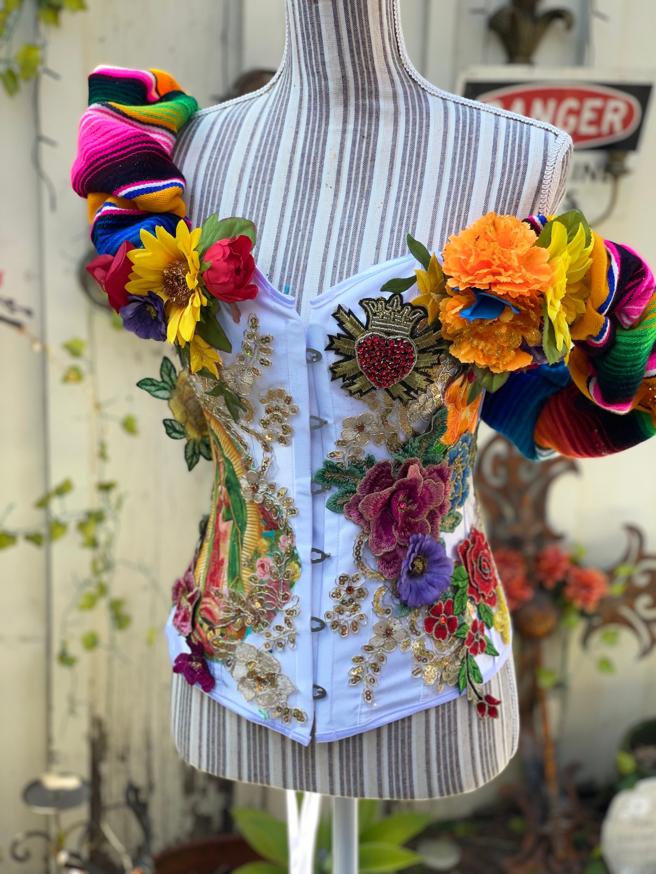 Custom PRIDE Catrina Corset Virgin de Guadalupe with Serape Sleeve Made to order Free Shipping! Order your size now!