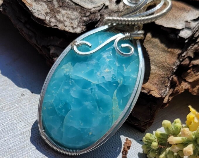 Natural Premium Hemimorphite wire wrapped .925 Silver Pendant, Sterling Silver Wire Wrapped pendants, Handmade Stone Jewelry CV20