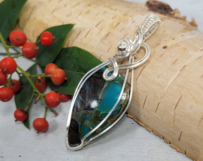 Blue Opal Pendant, Blue Opalized Wire wrapped pendant, Petrified wood opal pendant,Sterling Silver wire wrapped pendant,Petrified wood wire