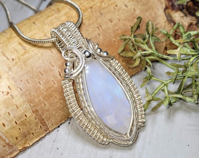 Handmade Rainbow Moonstone Sterling Silver Pendant: Wire Wrapped Jewelry