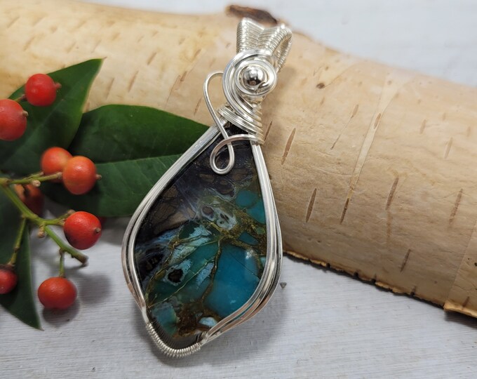 Blue Opal Pendant, Blue Opalized Wire wrapped pendant, Petrified wood opal pendant,Sterling Silver wire wrapped pendant,Petrified wood wire