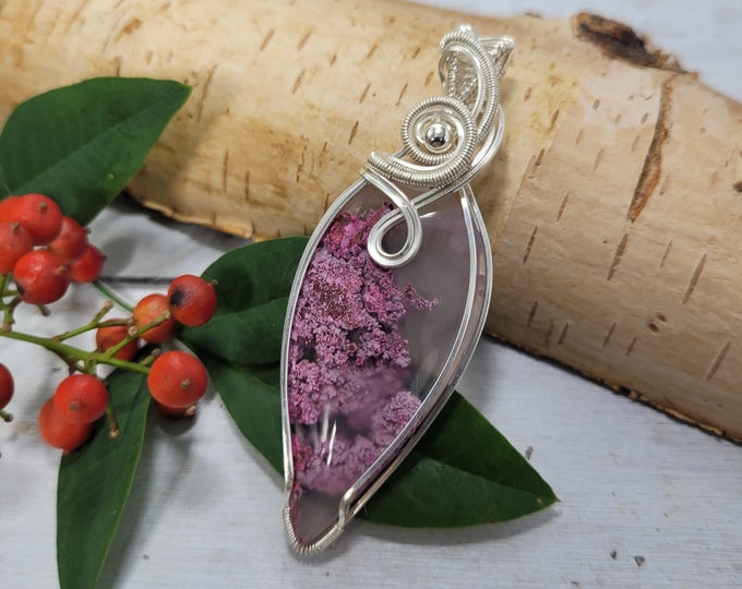 Pink/purple moss agate pendant, purple moss agate wire wrapped pendant, moss agate pendant, Wire wrapped Pendant, Sterling Silver wire wrap