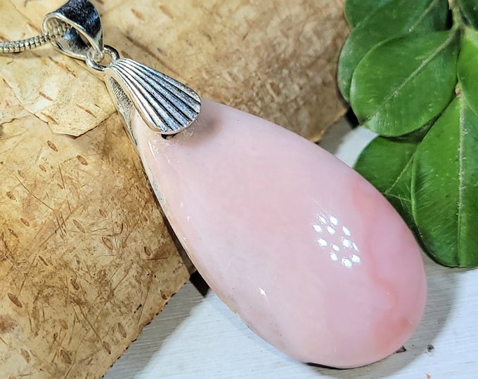 Natural Premium Peru Pink Opal Pear Cabochon Handmade .925 Sterling Silver Pendant 2" x 7/8" CG25 Heavy Duty Sterling Silver Designer Bail