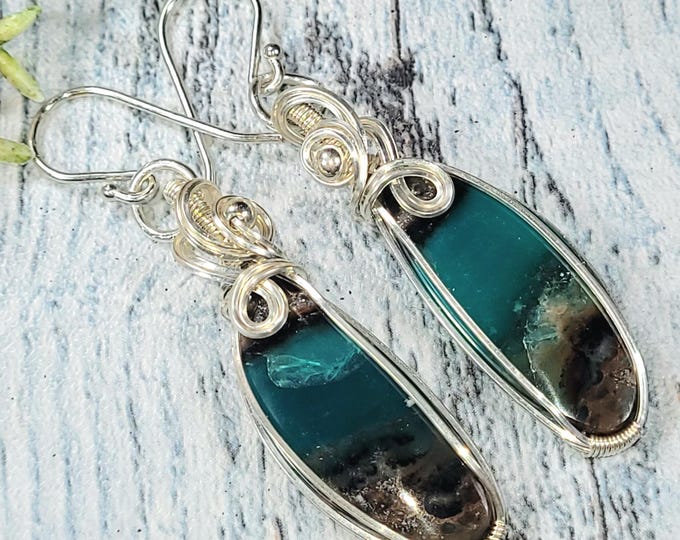 Blue Opalized Earrings, Petrified Wood Earrings, Blue Opalized Sterling Silver Wire Wrapped Earrings , Handmade Earrings, JF02, Gift for Her