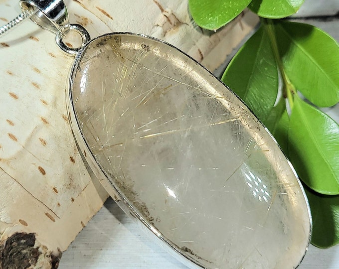Natural Rare AA Golden Needle Rutilated Quartz .925 Sterling Silver Pendant 15 Grams 2 5/16" x 7/8" EN20