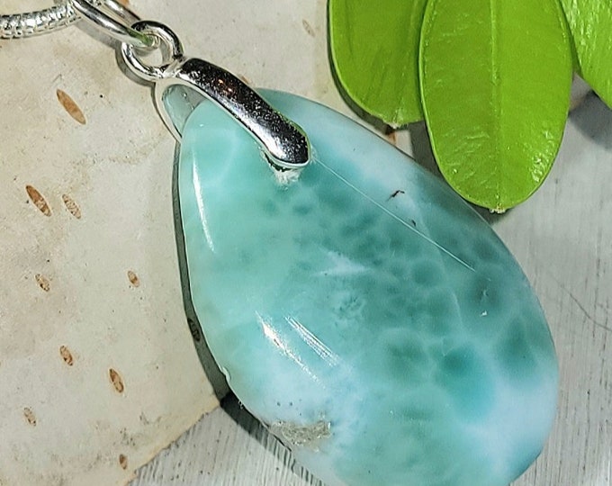 Natural Dominican Larimar Cabochon .925 Sterling Silver Pendant 1 3/8" x 5/8" 5 Grams EH27 Sterling Silver Bail