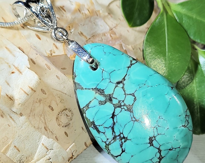 Natural Top Grade Tibet Turquoise Pear Cabochon .925 Sterling Silver Pendant 2 1/4" x 7/8" B16 Heavy Duty Designer Bail