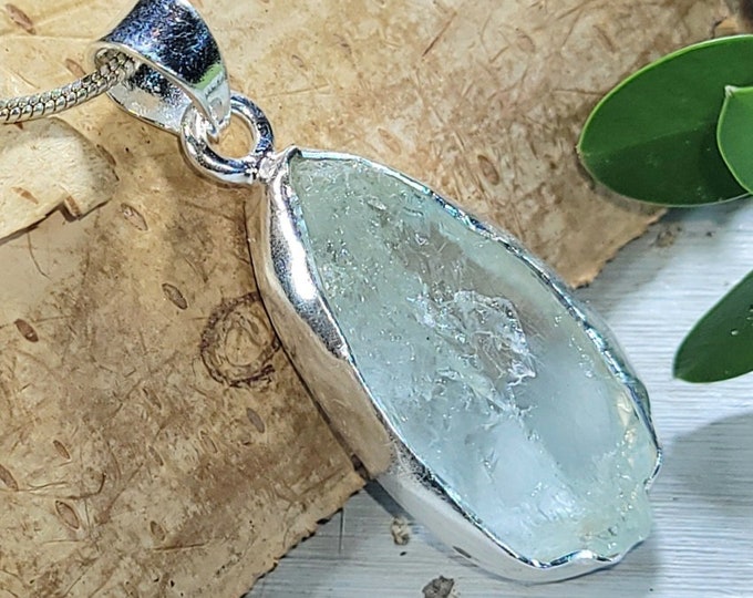 Natural Genuine Raw Aquamarine Rough Cut Handcrafted  .925 Sterling Silver Pendant 1 1/2" X 9/16" 4 Grams CH04 Gift for Her