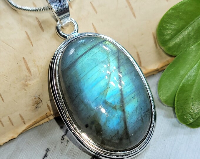 Natural High Grade Blue Flash Labradorite Oval .925 Sterling Silver Pendant 1 5/8" x 7/8" 12 Grams CM20 Gift for Her
