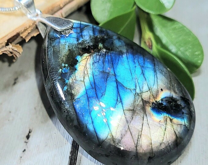 Natural High Grade Multi Flash Labradorite Pear Cabochon  .925 Sterling Silver Pendant 2" x 1" EP01 Heavy Duty Sterling Silver Bail