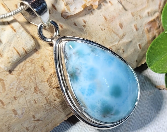 Natural AA Grade Dominican Larimar Handmade .925 Sterling Silver Pendant 1 1/2" x 3/4" 7 grams AB17