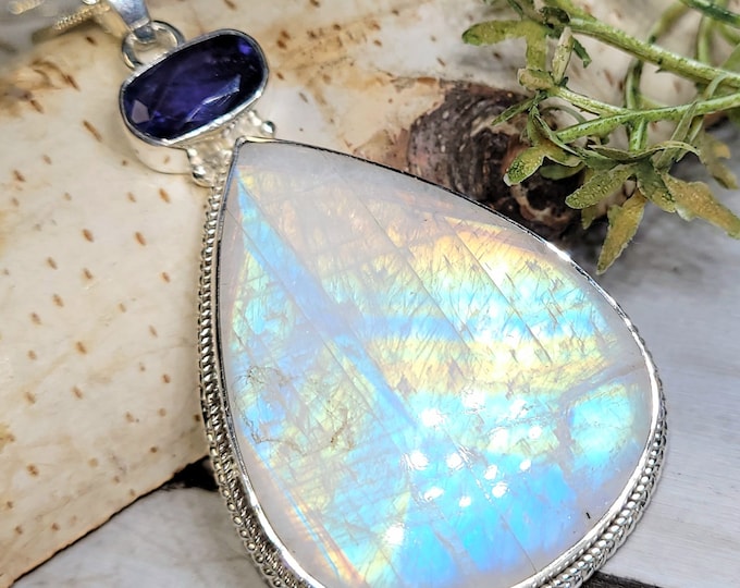 Moonstone Pendant, Iolite Pendant, Rainbow Moonstone Sterling Silver Pendant, AAAA Moonstone Pendant, Gift for Her, Statement Pendant, GJ01