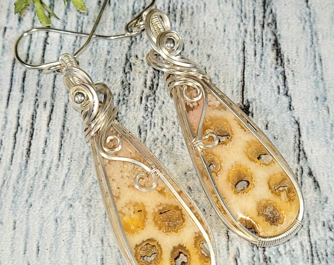 Natural Fossil Coral Pear Wire Wrapped .925 Silver Earrings, Sterling Silver Wire Wrapped Earrings, Handmade Stone Jewelry JF28