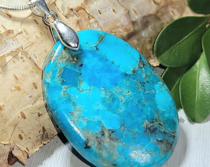 Natural High Grade Arizona Kingman Turquoise Oval Cabochon .925 Sterling Silver Pendant 1 3/4" x 1" AE09 Sterling Silver Bail