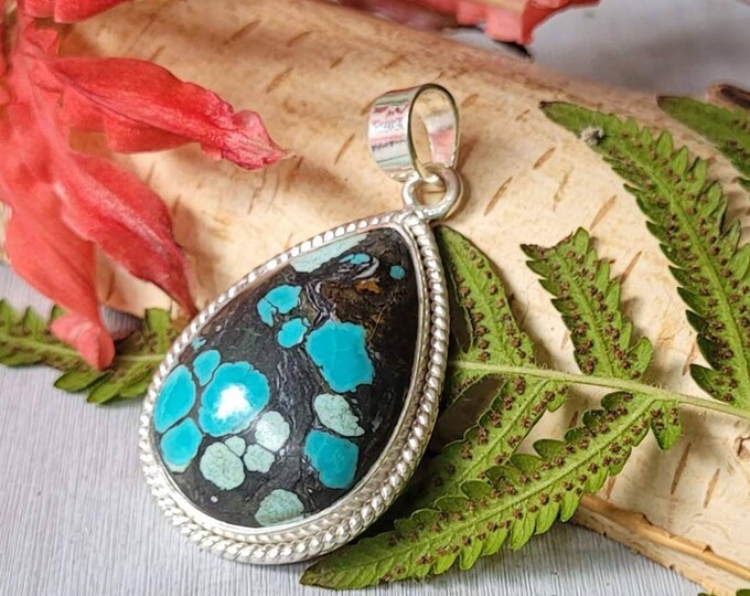Natural Premium Grade Tibet Turquoise .925 Sterling Silver Pendant Weighs 10 Grams measures 1 3/4" 7/8" CV37.