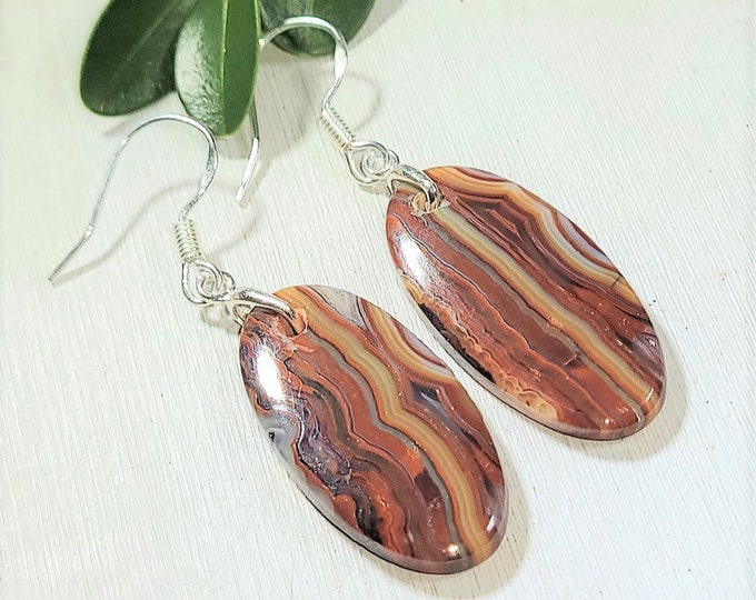 Natural Top Grade Crazy Lace Agate Oval Cabochon .925 Sterling Silver Bead Earrings 1 11/16" x 1/2" AE02