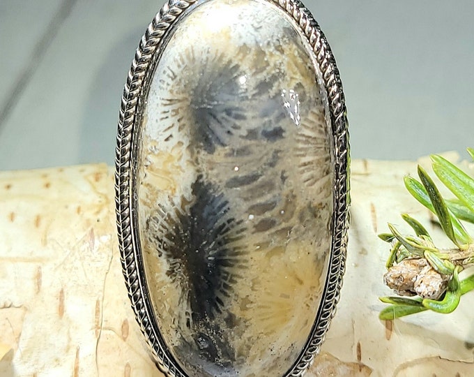 Natural AAA Huge Statement Piece Fossil Coral Handmade .925 Sterling Silver Ring Size 9.5 15 Grams 1 1/2" x 7/8" AL07