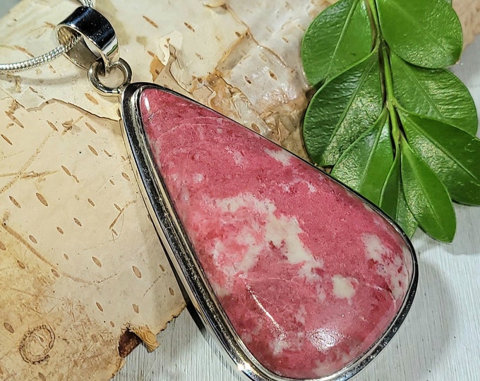 Natural Best Grade Pink Thulite Handmade Pear .925 Sterling Silver Pendant 2 1/4" x 1 1/8" 18 Grams AN31