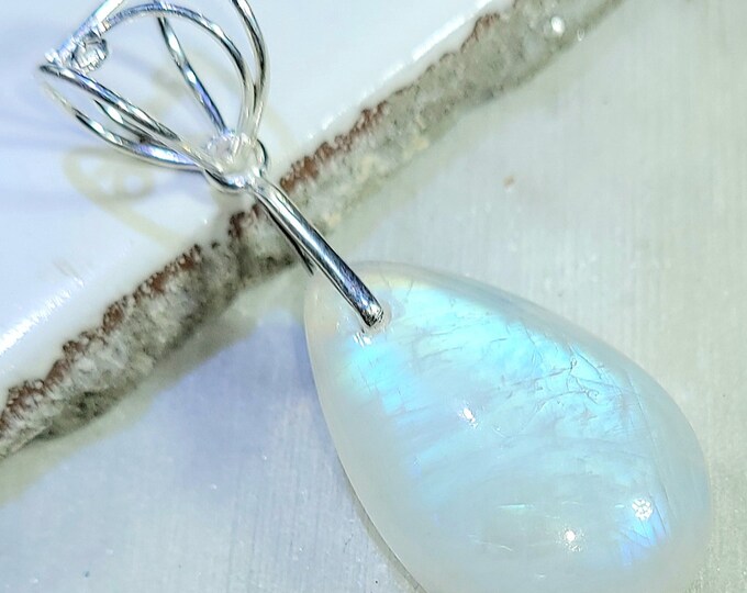 Natural High Grade Rainbow Moonstone Pear Cabochon .925 Sterling Silver Pendant Designer Bail 2" x 3/4" EC29