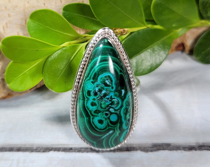 Natural Choice Quality Chrysocolla Malachite Handmade Pear Sterling Silver Ring Size 8.5 Genuine Stone Great Gift for Her