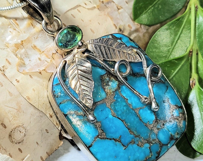 Natural Blue Copper Turquoise. Blue Topaz .925 Sterling Silver Pendant 15 Grams 2" x 1" H22