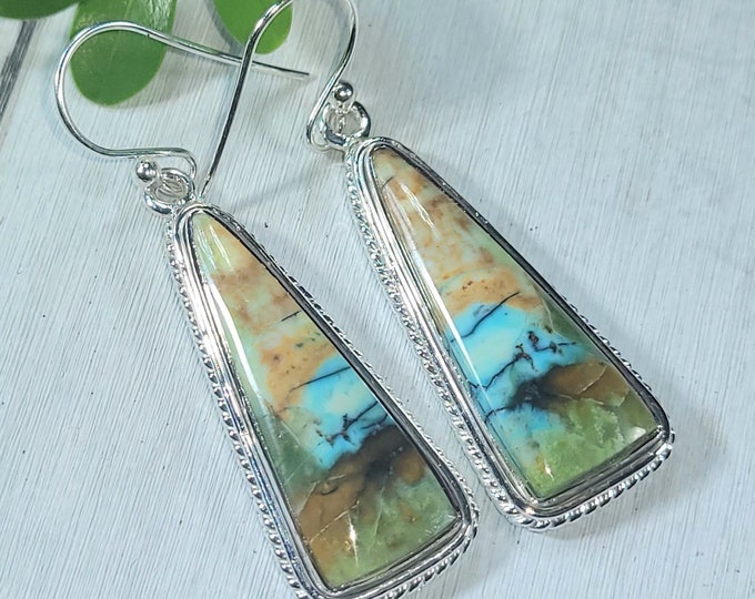 Natural Rare Premium Grade Blue Opalized Wood Handmade .925 Sterling Silver Earrings 11 Grams 2" x 9/16" CM07 Gift for Her Genuine Stones