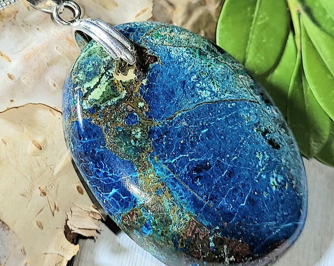 Natural High Grade Azurite Cabochon .925 Sterling Silver Pendant 1 7/8" x 1" 11 Grams ET05 Custom Fit Sterling Silver Bail