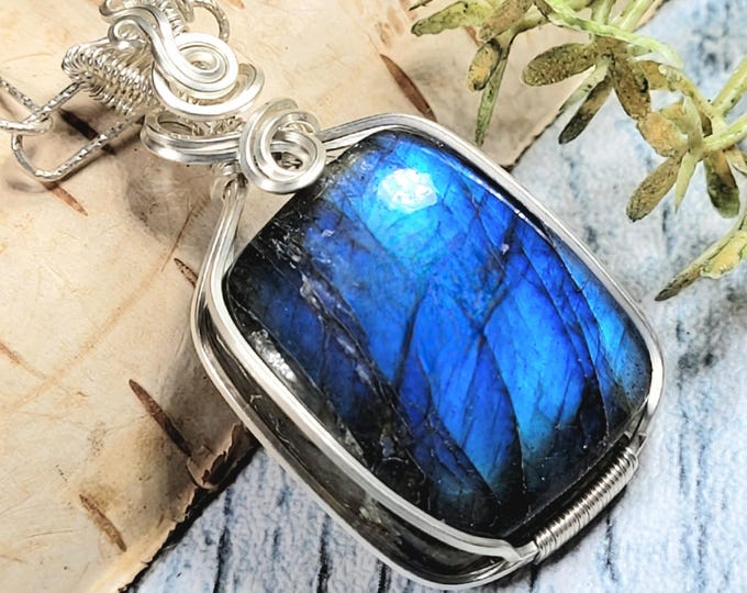 Handmade Labradorite Sterling Silver Pendant: Wire Wrapped Gemstone