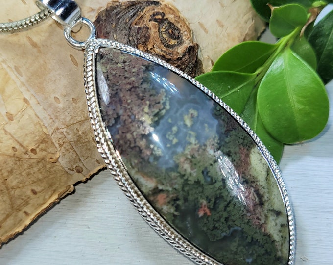 Natural High Grade Multi Color Moss Agate Marquise Handmade .925 Sterling Silver Pendant 2 1/2" x 15/6" 14 Grams CT07 Gift for Her
